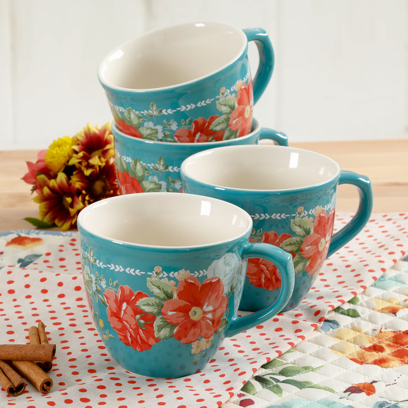 JUEGO DE 4 TAZAS DE CERAMICA MARCA PIONEER WOMAN COLECCIÓN VINTAGE FLORAL