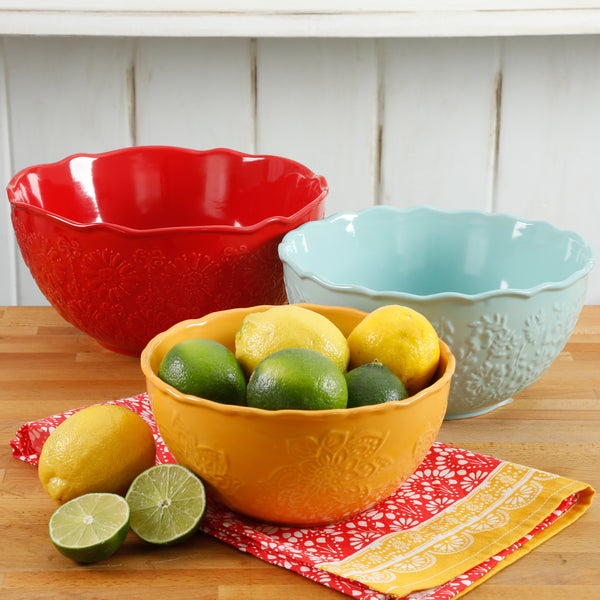 JUEGO DE 3 BOWLS DE CERAMICA MARCA PIONEER WOMAN COLECCIÓN FLORAL BURSTS