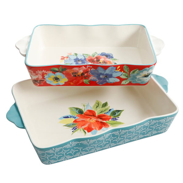 JUEGO DE 2 FUENTES RECTANGULAR DE CERAMICA MARCA PIONEER WOMAN COLECCION SPRING BOUQUET