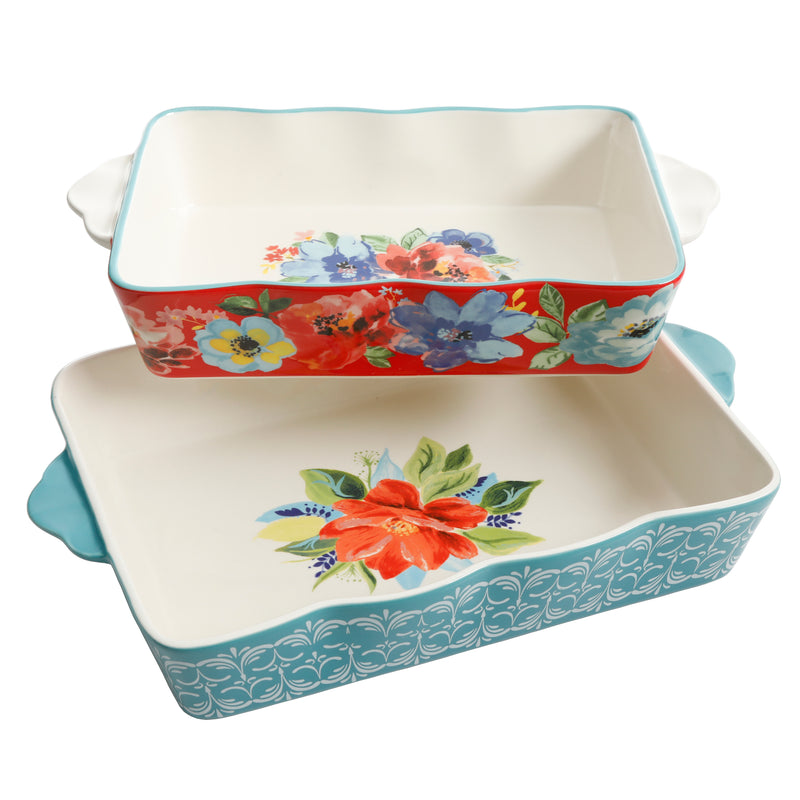 JUEGO DE 2 FUENTES RECTANGULAR DE CERAMICA MARCA PIONEER WOMAN COLECCION SPRING BOUQUET