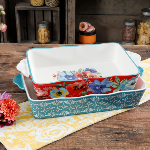 JUEGO DE 2 FUENTES RECTANGULAR DE CERAMICA MARCA PIONEER WOMAN COLECCION SPRING BOUQUET