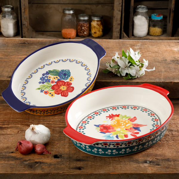 JUEGO DE 2 FUENTES HONDAS DE CERAMICA MARCA PIONEER WOMAN COLECCIÓN FIONA FLORAL