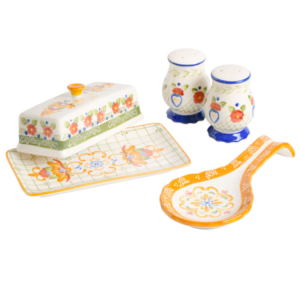 JUEGO DE 4 ACCESORIOS DE CERAMICA,MANTEQUILLERO, PORTA CUCHARON, SALERO Y PMENTERO MARCA LAURIE GATES COLECCIÓN TIERRA