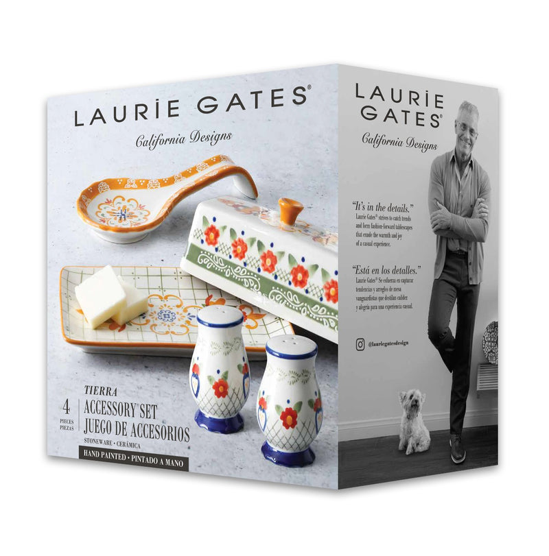 JUEGO DE 4 ACCESORIOS DE CERAMICA,MANTEQUILLERO, PORTA CUCHARON, SALERO Y PMENTERO MARCA LAURIE GATES COLECCIÓN TIERRA