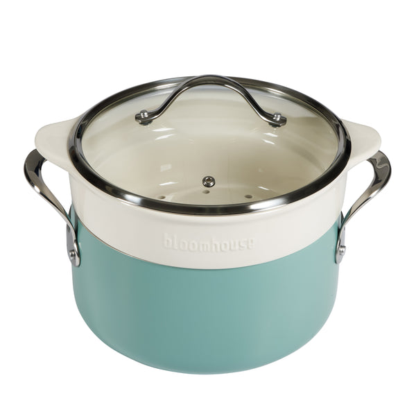 SARTEN DE ALUMINIO DE 5.6 LITROS CON TAPA Y VAPORERA DE CERAMICA COLOR VERDE AGUA MARCA BLOOMHOUSE