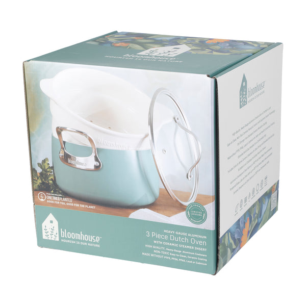 SARTEN DE ALUMINIO DE 5.6 LITROS CON TAPA Y VAPORERA DE CERAMICA COLOR VERDE AGUA MARCA BLOOMHOUSE
