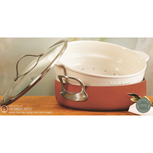 SARTEN DE ALUMINIO DE 5.6 LITROS CON TAPA Y VAPORERA DE CERAMICA COLOR TERRACOTA MARCA BLOOMHOUSE