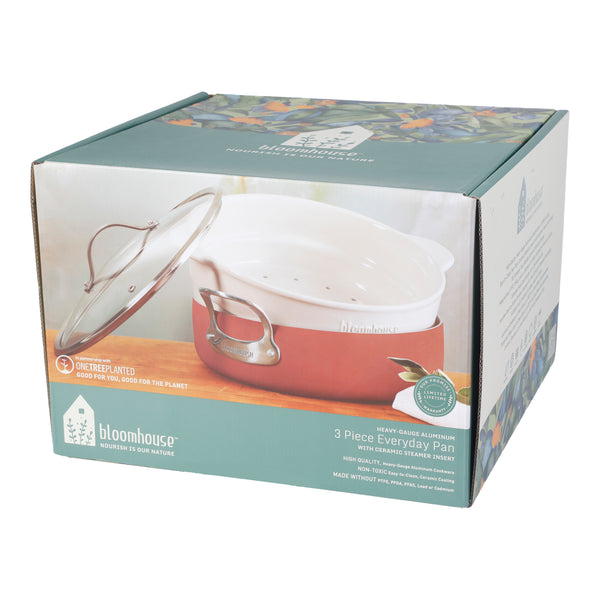 SARTEN DE ALUMINIO DE 5.6 LITROS CON TAPA Y VAPORERA DE CERAMICA COLOR TERRACOTA MARCA BLOOMHOUSE