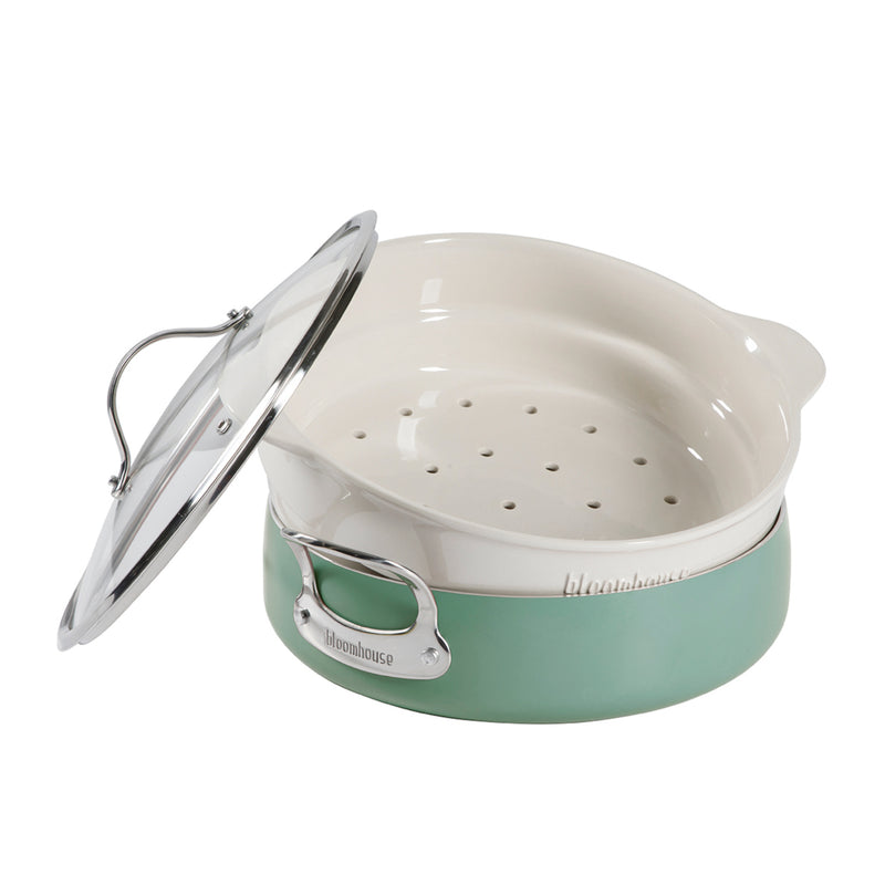 SARTEN DE ALUMINIO DE 5.6 LITROS CON TAPA Y VAPORERA DE CERAMICA COLOR VERDE AGUA MARCA BLOOMHOUSE