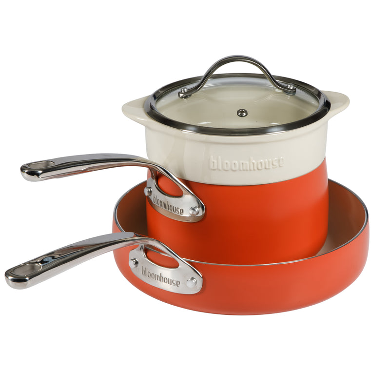 OLLA, TAPA,SARTEN DE ALUMINIO Y VAPORERA DE CERAMICA COLOR TERRACOTA MARCA BLOOMHOUSE