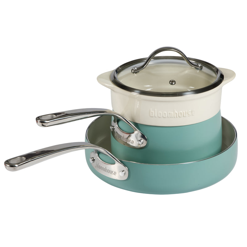 OLLA, TAPA,SARTEN DE ALUMINIO Y VAPORERA DE CERAMICA COLOR VERDE AGUA MARCA BLOOMHOUSE
