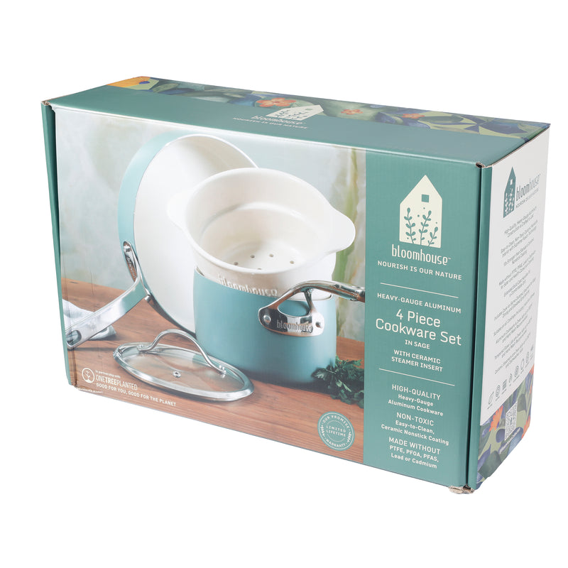 OLLA, TAPA,SARTEN DE ALUMINIO Y VAPORERA DE CERAMICA COLOR VERDE AGUA MARCA BLOOMHOUSE