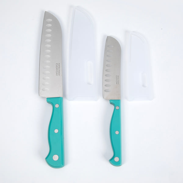 JUEGO DE 2 CUCHILLOS SANTOKU DE 12.7 CM Y 17.8 CM DE ACERO INOXIDABLE Y MANGO DE PLASTICO VERDE AGUA MARCA MARTHA STEWART EVERYDAY COLECCIÓN KESWICK