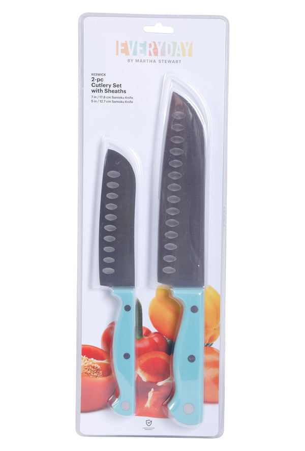 JUEGO DE 2 CUCHILLOS SANTOKU DE 12.7 CM Y 17.8 CM DE ACERO INOXIDABLE Y MANGO DE PLASTICO VERDE AGUA MARCA MARTHA STEWART EVERYDAY COLECCIÓN KESWICK