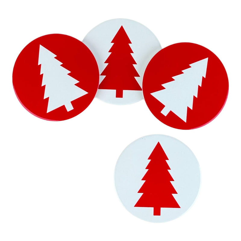 Jg Portavasos Deco Arbol Navidad Rojo Y Blanco 4pzas 10.7X10.7X0.8cm Dolomita