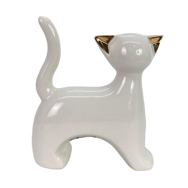 Gato Blanco Brillante Con Orejas Doradas  19.2X7.7X21.7cm