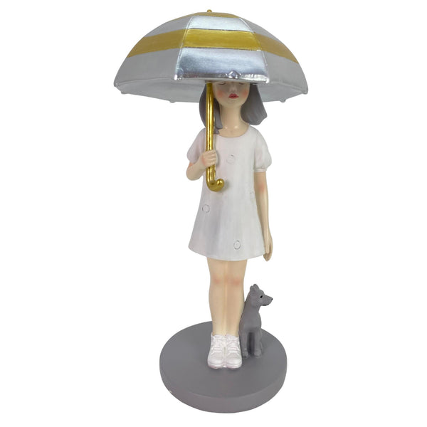Niña Con Paraguas Y Gatito Parada En Pedestal