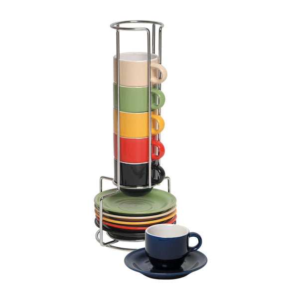 JUEGO DE 6 TAZAS PARA ESPRESSO CON PLATITOS DE CERAMICA Y RACK DE METAL MARCA GIBSON HOME COLECCIÓN SENSATIONS
