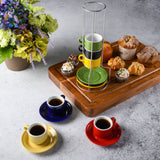 JUEGO DE 6 TAZAS PARA ESPRESSO CON PLATITOS DE CERAMICA Y RACK DE METAL MARCA GIBSON HOME COLECCIÓN SENSATIONS