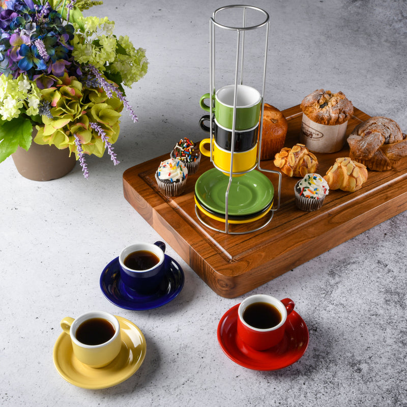 JUEGO DE 6 TAZAS PARA ESPRESSO CON PLATITOS DE CERAMICA Y RACK DE METAL MARCA GIBSON HOME COLECCIÓN SENSATIONS