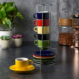 JUEGO DE 6 TAZAS PARA ESPRESSO CON PLATITOS DE CERAMICA Y RACK DE METAL MARCA GIBSON HOME COLECCIÓN SENSATIONS