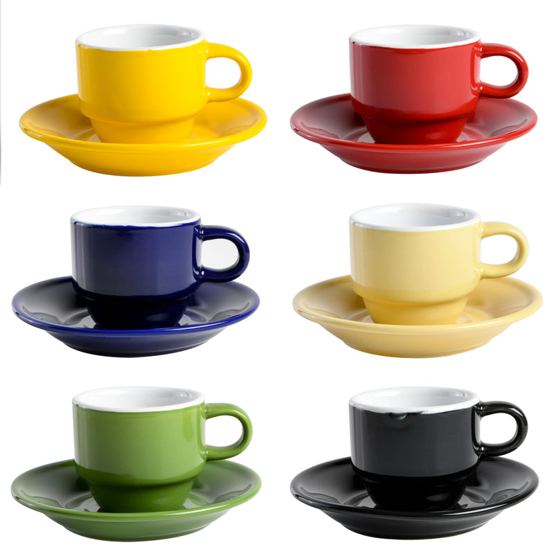JUEGO DE 6 TAZAS PARA ESPRESSO CON PLATITOS DE CERAMICA Y RACK DE METAL MARCA GIBSON HOME COLECCIÓN SENSATIONS