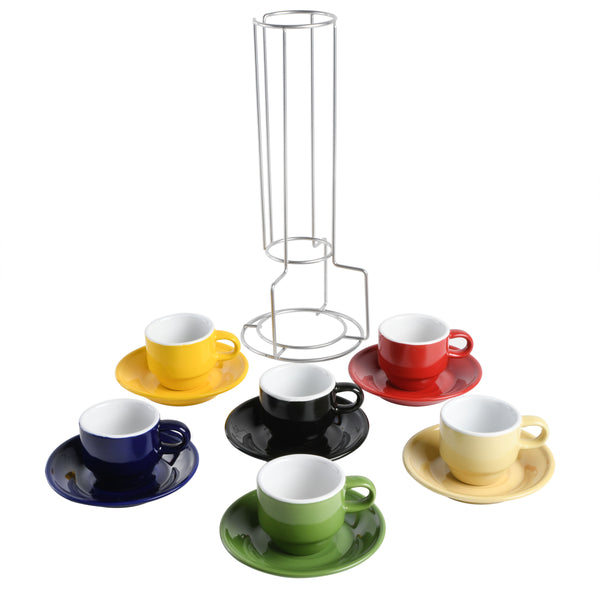 JUEGO DE 6 TAZAS PARA ESPRESSO CON PLATITOS DE CERAMICA Y RACK DE METAL MARCA GIBSON HOME COLECCIÓN SENSATIONS