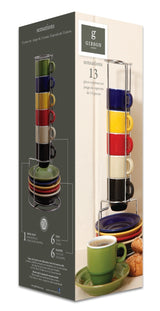 JUEGO DE 6 TAZAS PARA ESPRESSO CON PLATITOS DE CERAMICA Y RACK DE METAL MARCA GIBSON HOME COLECCIÓN SENSATIONS