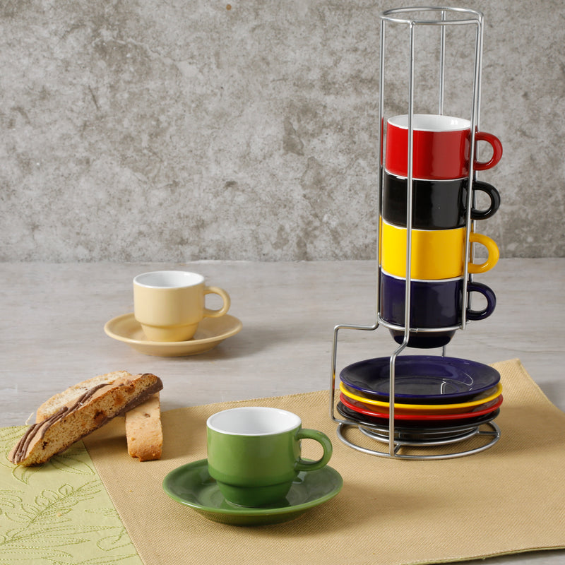 JUEGO DE 6 TAZAS PARA ESPRESSO CON PLATITOS DE CERAMICA Y RACK DE METAL MARCA GIBSON HOME COLECCIÓN SENSATIONS