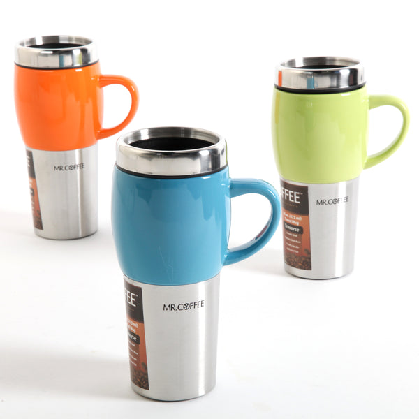 JUEGO DE 3 MUG VIAJEROS DE 16 ONZAS DE ACERO INOXIDABLE MARCA MR. COFFEE COLECCIÓN TRAVERSE