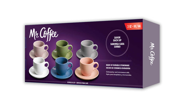 JUEGO DE 6 TAZAS DE ESPRESSO DE 3 ONZAS CON PLATITO DE CERAMICA MARCA MR. COFFEE COLECCIÓN CIRCUIT CAFÉ