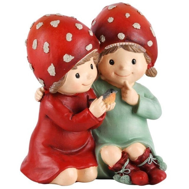 Pareja De Niños Con Gorro De Hongo Rojo/Verde Poliresina 10x9x12cm