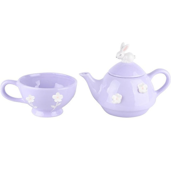 Tetera Con Taza Con Conejito  Morado/Blanco  Cerámica 18x12x13cm