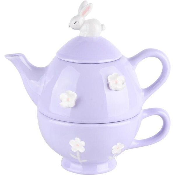 Tetera Con Taza Con Conejito  Morado/Blanco  Cerámica 18x12x13cm
