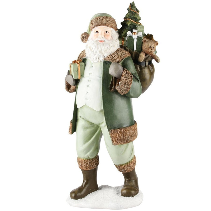 Papá Noel Con Regalos Verde/Marrón Poliresina 18x13x37cm