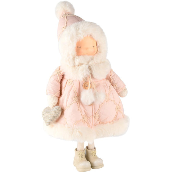Muñeca De Invierno De Pie Con Corazón Rosa/Blanco Navidad Poliresina/Tela 20 x 18 x 47 cm
