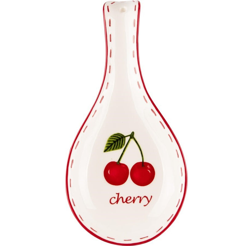 Reposacucharas Con Cerezas Blanco/Rojo Cerámica. 25 x 12 x 3 cm