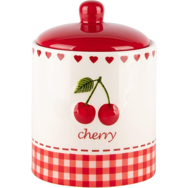 Recipiente Con Cerezas Blanco/Rojo Cerámica. 10 x 10 x 15 cm