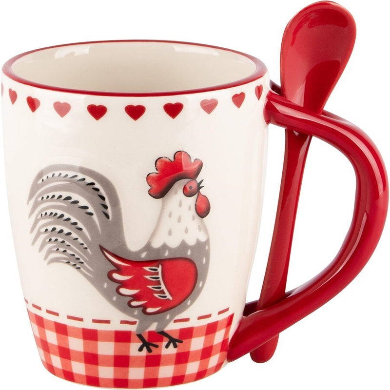 Taza Con Cuchara y Gallo Blanco/Rojo Cerámica 13x9x11cm