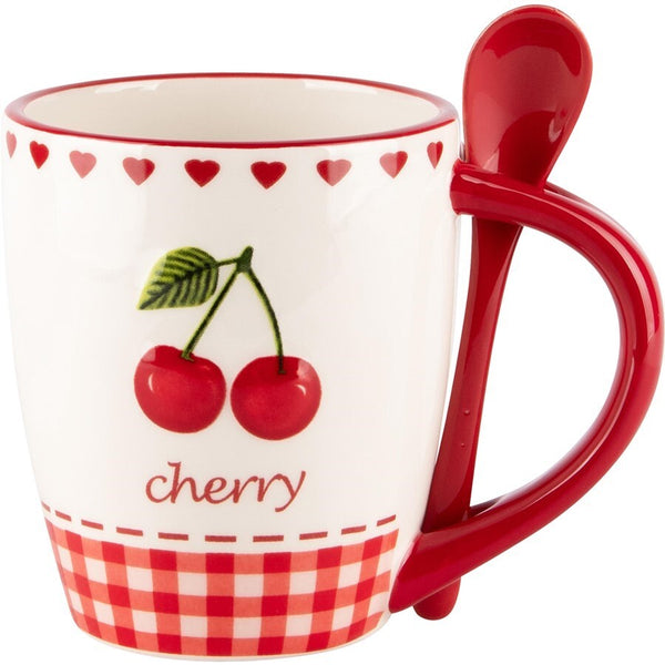 Taza Con Cuchara y Cerezas. Blanco/Rojo Cerámica 13x9x11cm