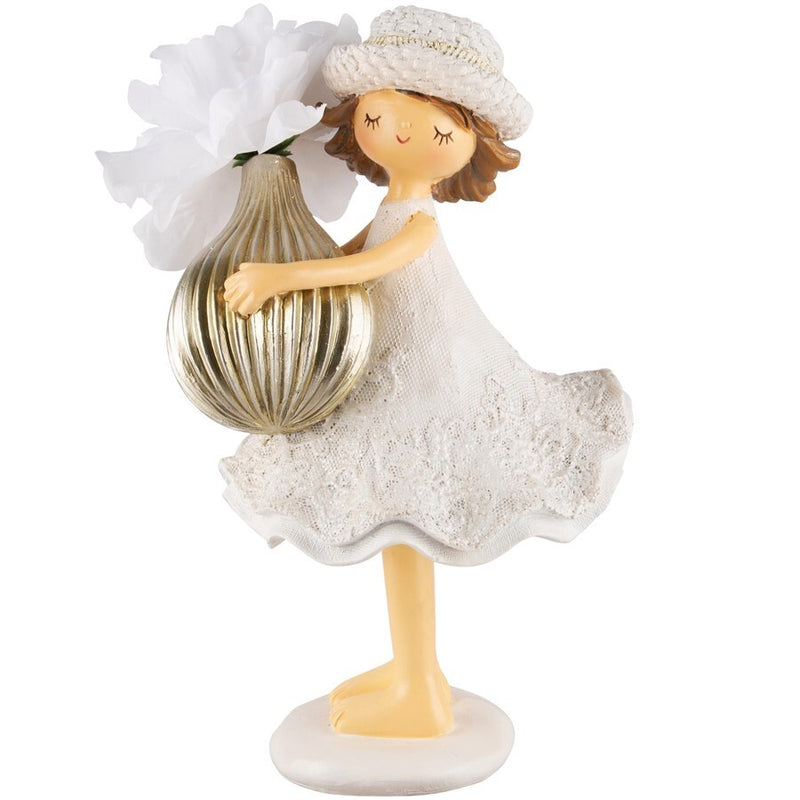 Niña Con Jarrón De Flores Blanco/Champán Poliresina 11x12x21cm