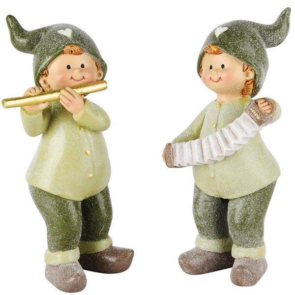 Niño De Invierno Con Flauta/Acordeón Verde Poliresina 7 x 6 x 16 cm.