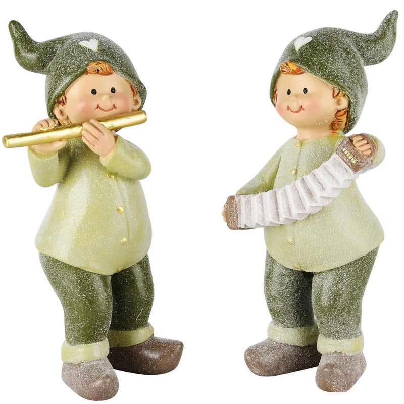 Niño De Invierno Con Flauta/Acordeón Verde Poliresina 7 x 6 x 16 cm.