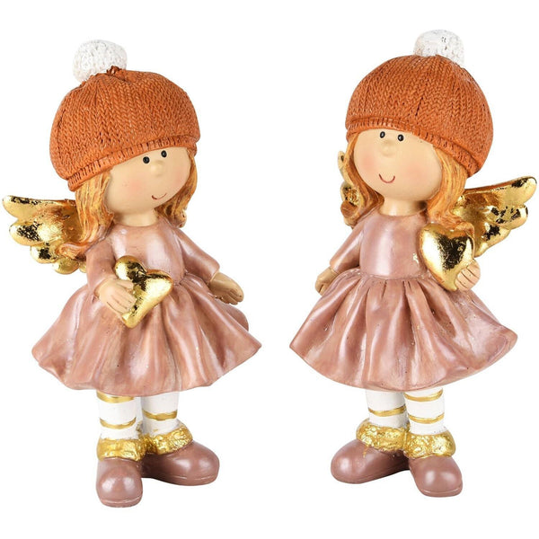 Niña Angel De Invierno Vestido Rosa Corazón Dorado Poliresina 8 x 7 x 16 cm