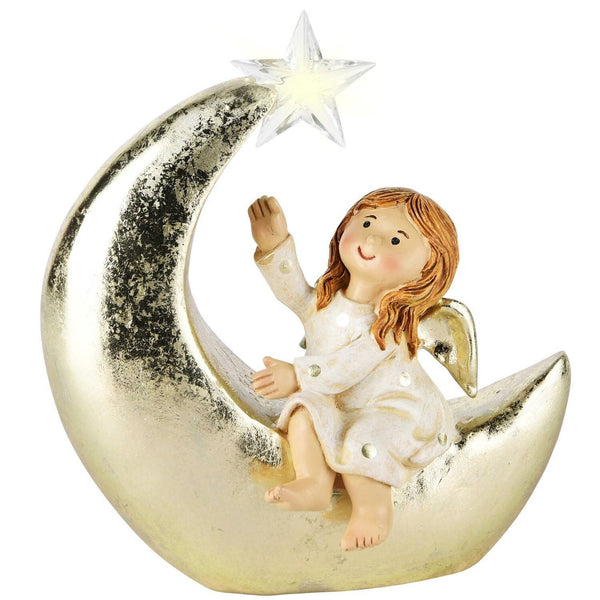Niño Invernal Sentado En La Luna Blanco/Dorado Poliresina Led 13 x 6 x 15 cm