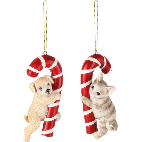 1 Percha Perro/Gato Con Bastón De Caramelo Poliresina 6 x 5 x 11 cm