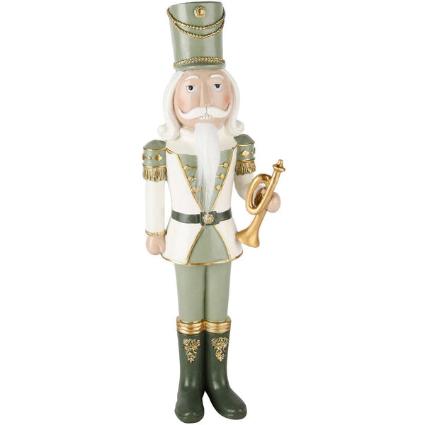 Soldado De Pie Con Trompeta Blanco/Verde Poliresina. 12 x 8 x 37 cm