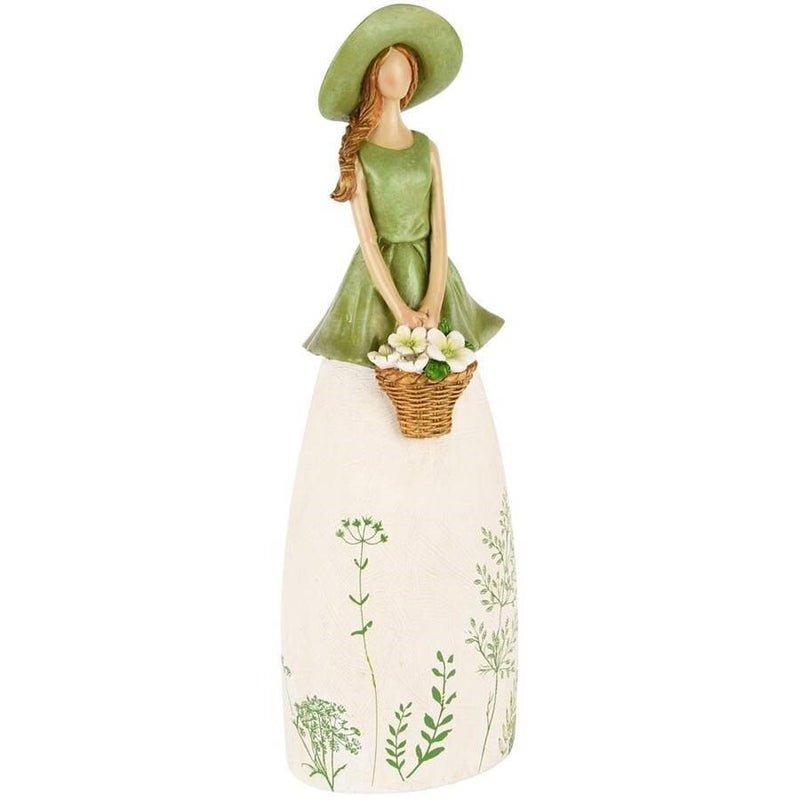Mujer De Pie Con Flores Blanca/Verde Poliresina 9x7x31cm