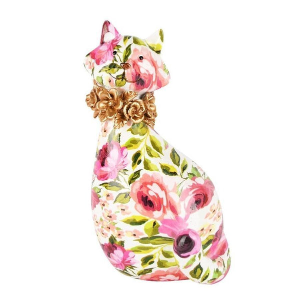 Gato Flores Viejas Rosa/Verde/Dorado Poliresina 12x12x20cm