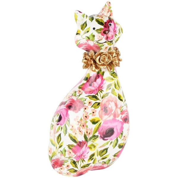 Gato Flores Viejas Rosa/Verde/Dorado Poliresina 14x14x27cm